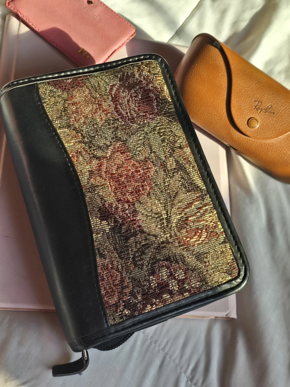 Black Leather Organizer with Floral Tapestry Panel